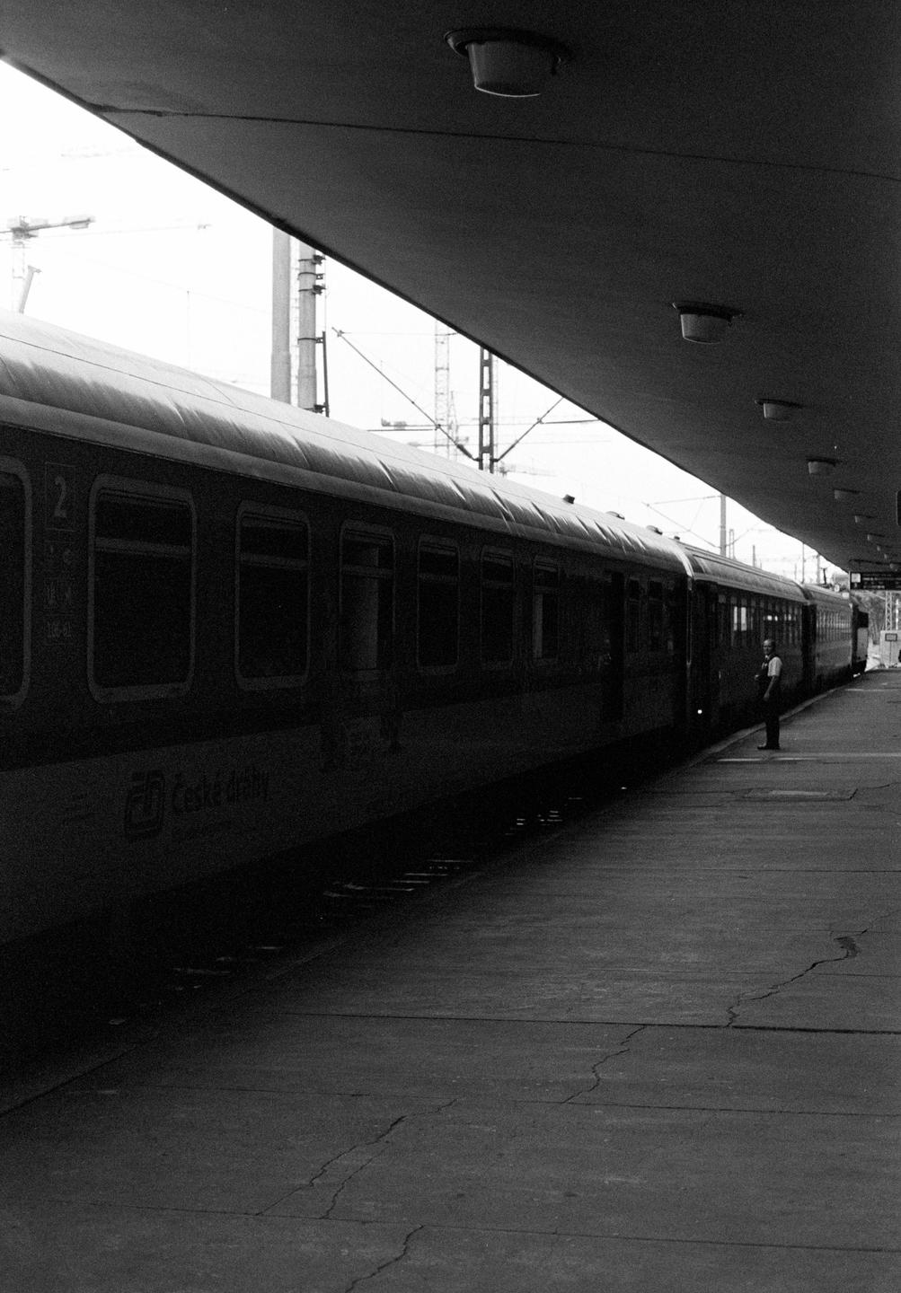 A man stands on a train platform next to a train under a covered roof.