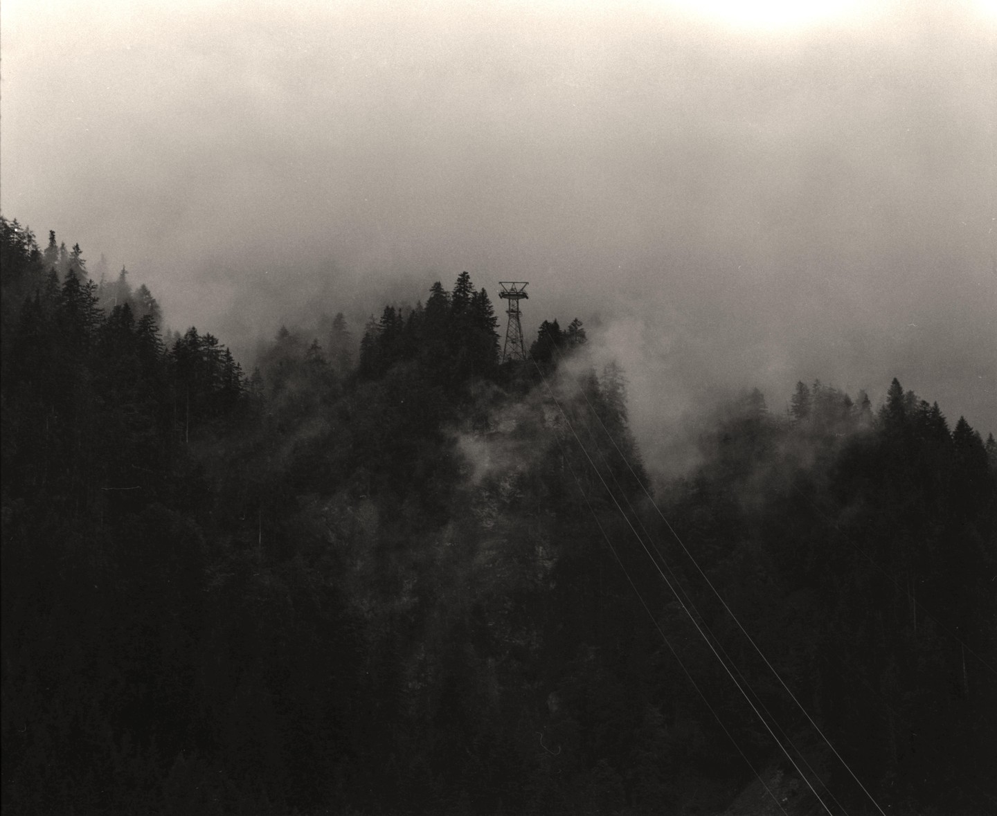 A cable car tower stands on a forested mountain shrouded in fog.