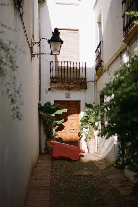 A narrow alleyway in Cordoba, Spain, features a wooden door, potted plants, and a red barrier.