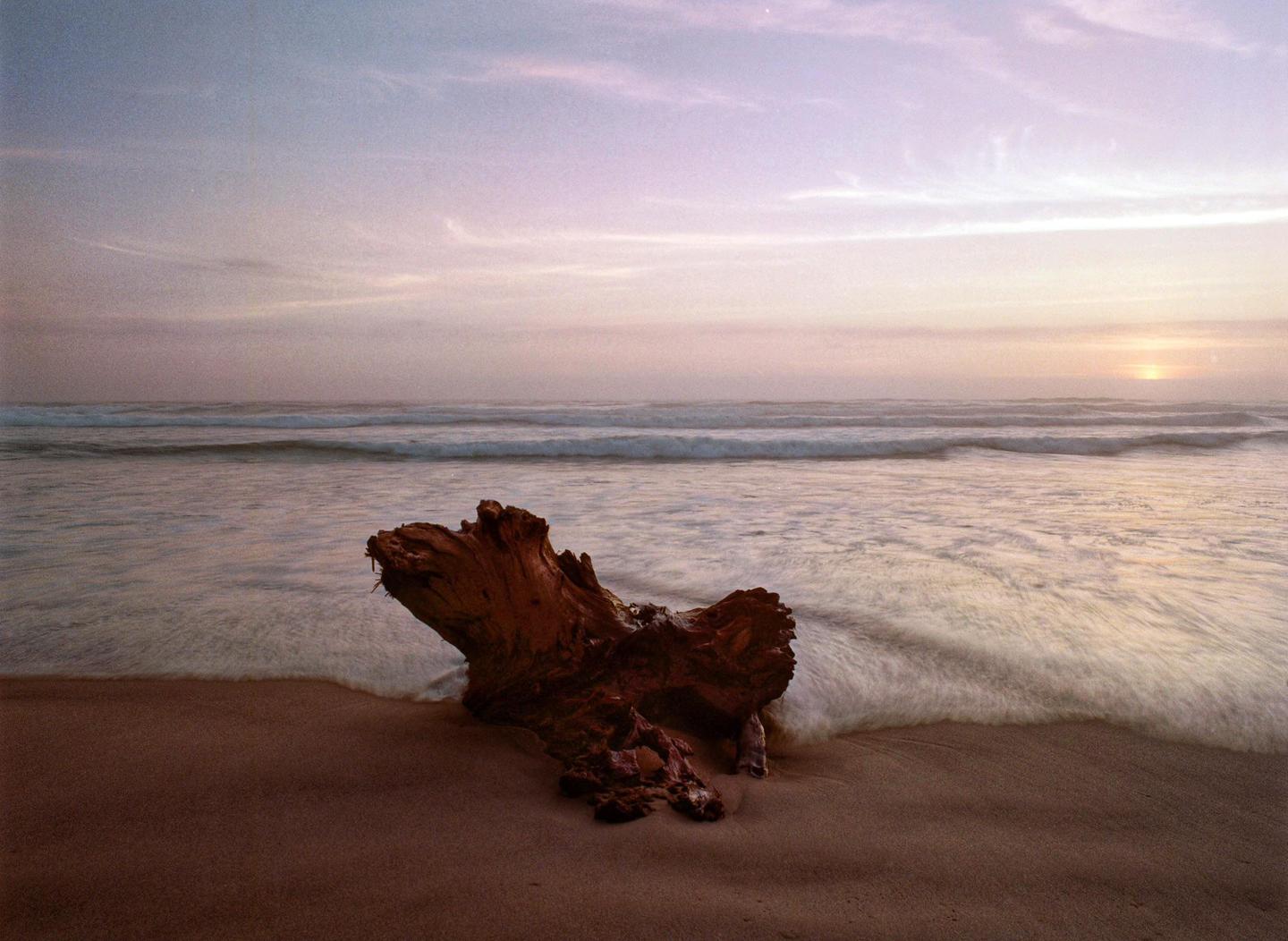 A piece of driftwood rests on a sandy beach as waves roll in under a sunset sky.