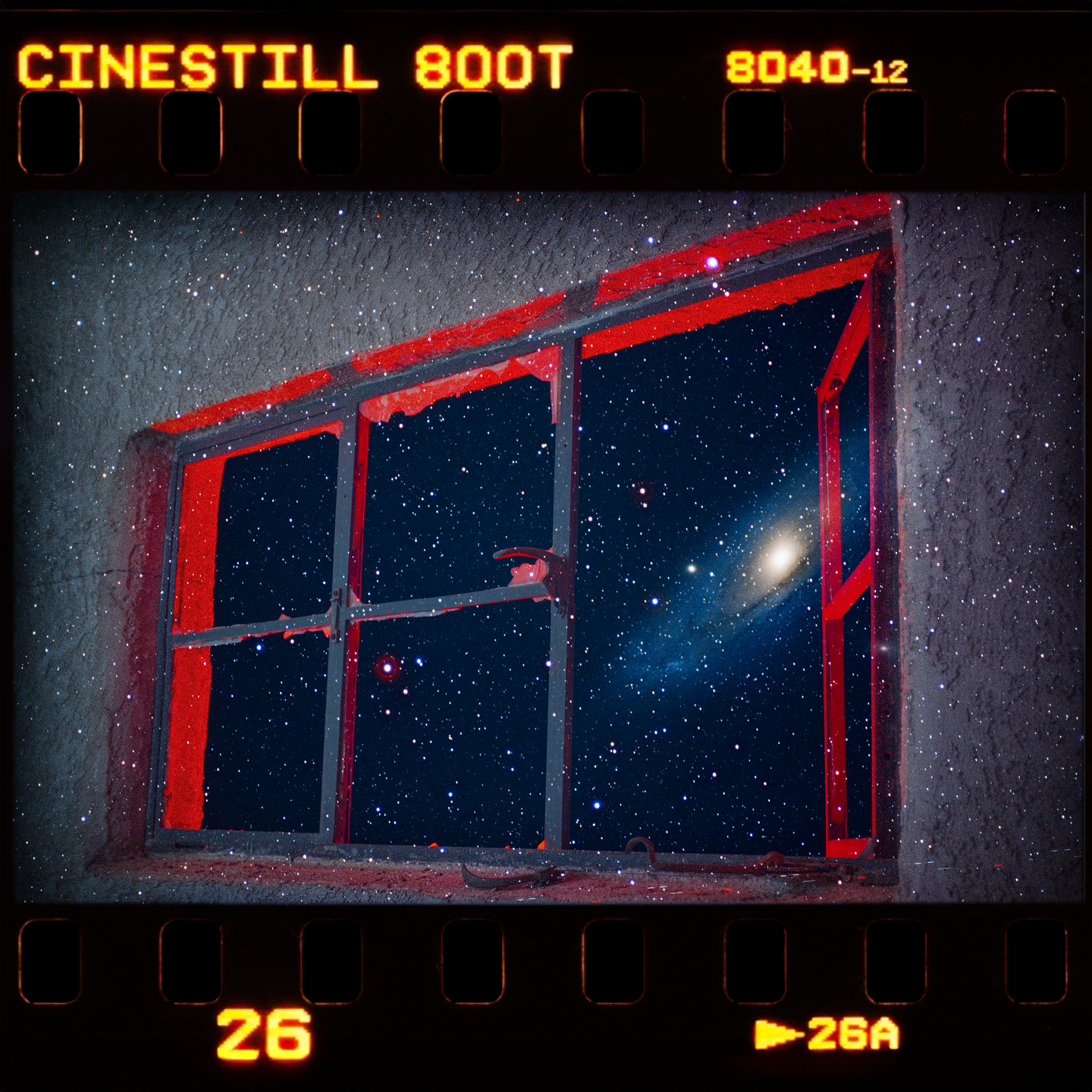 A window with red trim looks out onto a starry night sky with a visible galaxy.
