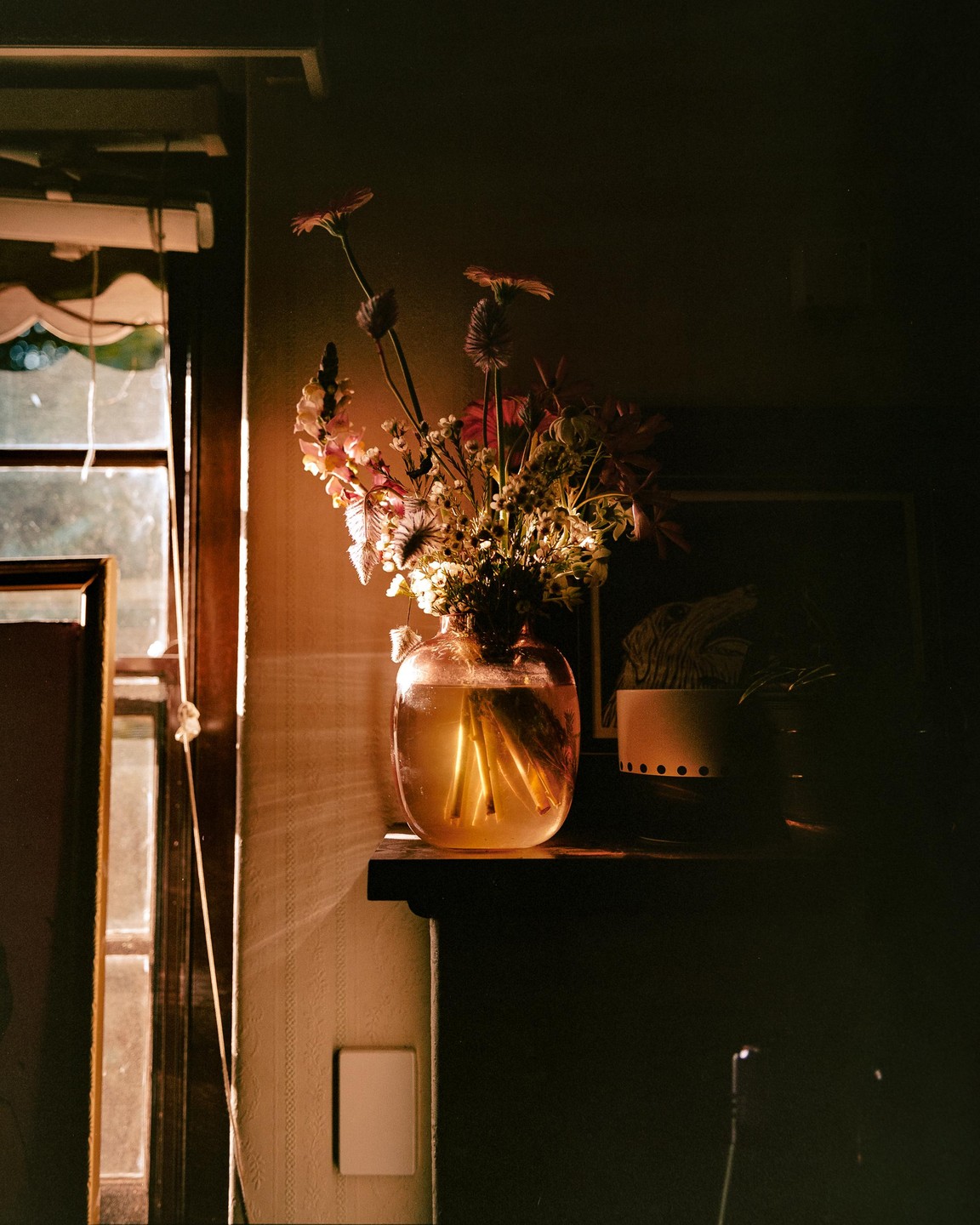 A vase of flowers sits on a shelf next to a window, illuminated by warm light.