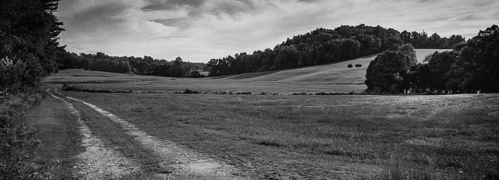 A dirt road curves through a wide, grassy field with rolling hills and trees in the distance under a cloudy sky.