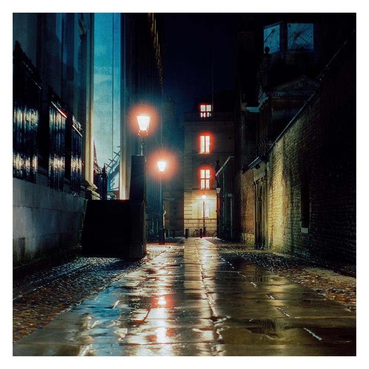 A narrow, wet alley is illuminated by streetlights and glowing windows at night.