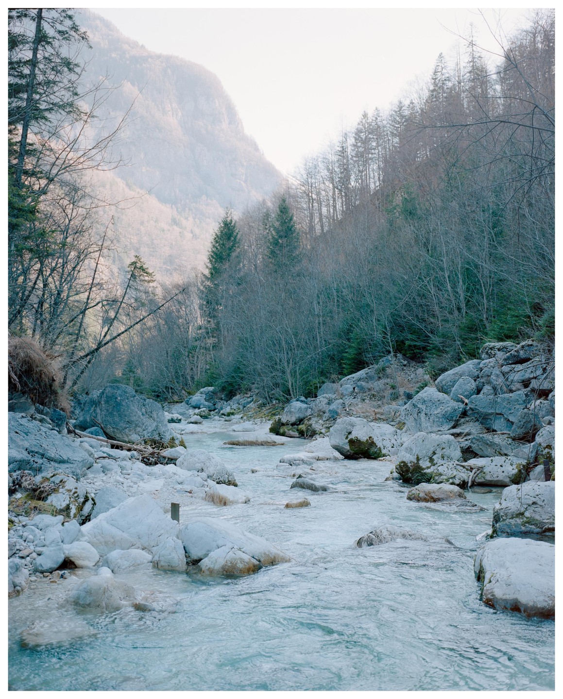 A light blue river flows through a rocky valley with mountains and trees on either side.
