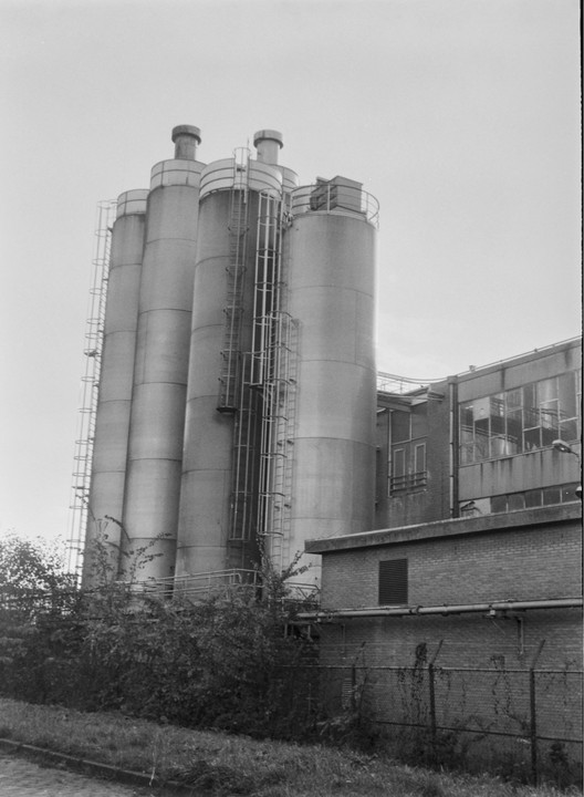 Four tall industrial silos with ladders are next to a brick building with windows, with overgrown bushes and a fence in the foreground.