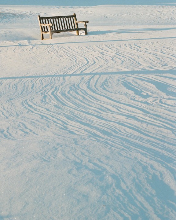 A wooden bench sits in a field of snow with long shadows stretching across the ground.