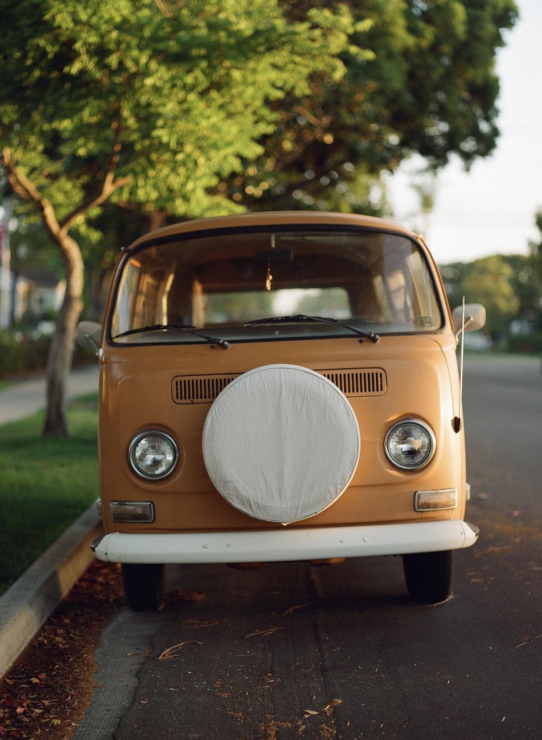 A tan van with a white spare tire cover is parked on the side of a suburban street.