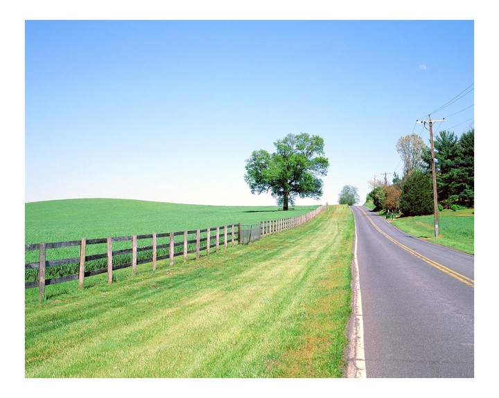 A road stretches into the distance next to a green field with a wooden fence and a large tree.
