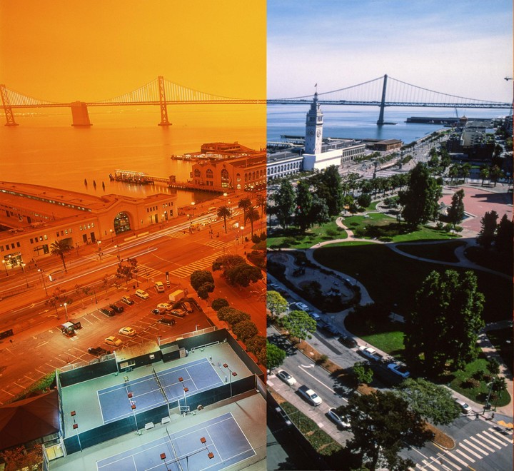 A split image shows a city waterfront with a bridge in the background, with the left side at night and the right side during the day.