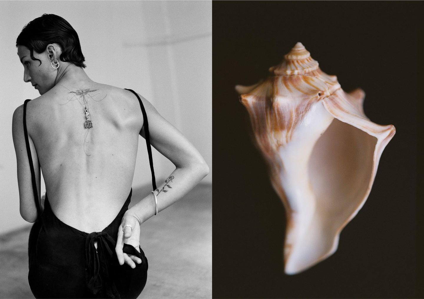 A woman with short hair and a back tattoo wears a backless dress next to a close-up of a seashell.