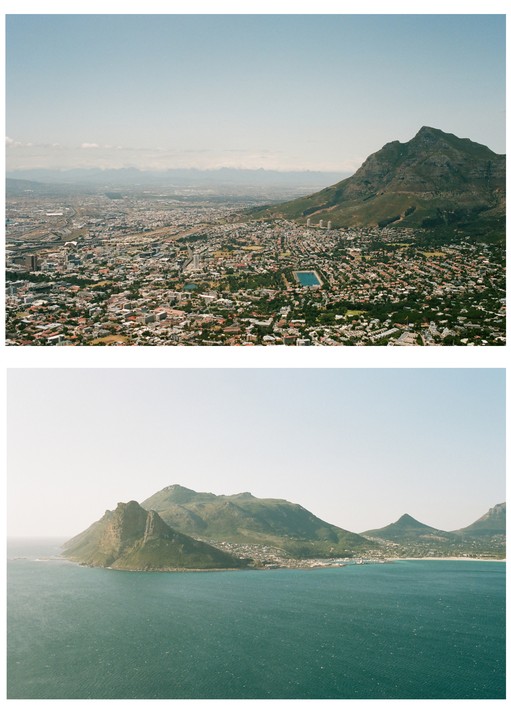 Two landscape views show a city next to a mountain and a bay with mountains and a town.