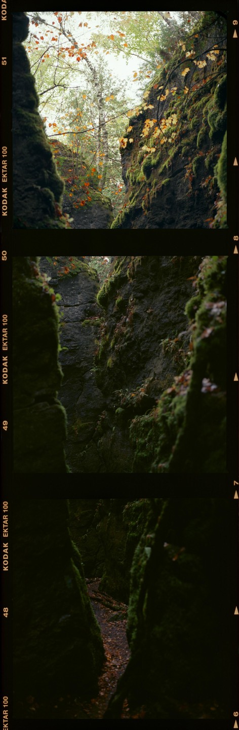 A narrow path leads through a moss-covered rock formation with trees visible above.