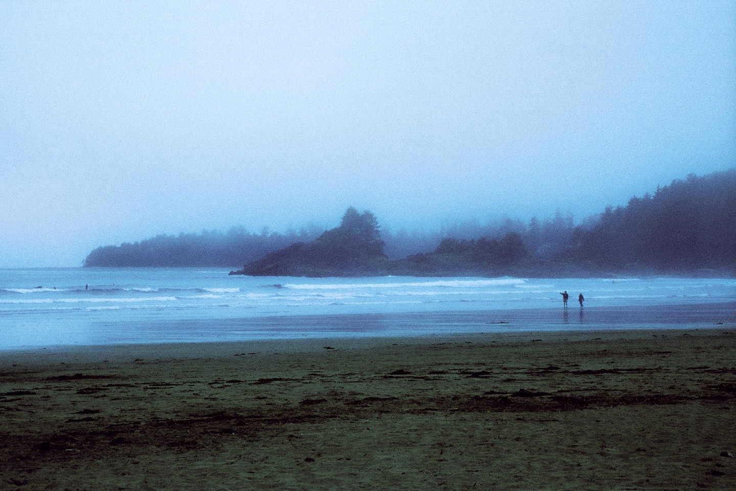 Two people stand on a beach with waves crashing on the shore and a forested coastline in the distance, all shrouded in mist.