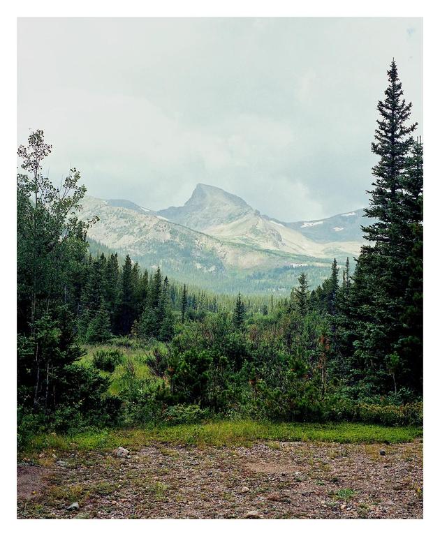 A mountain peak rises above a dense forest under a cloudy sky.