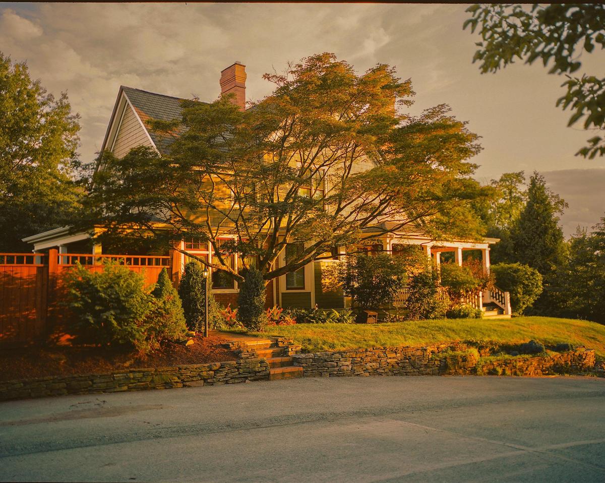 A large house with a porch and a prominent tree in front is illuminated by golden hour light.
