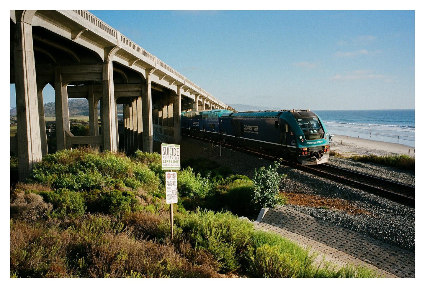 A blue train travels along a track next to a beach with a large concrete bridge overhead.