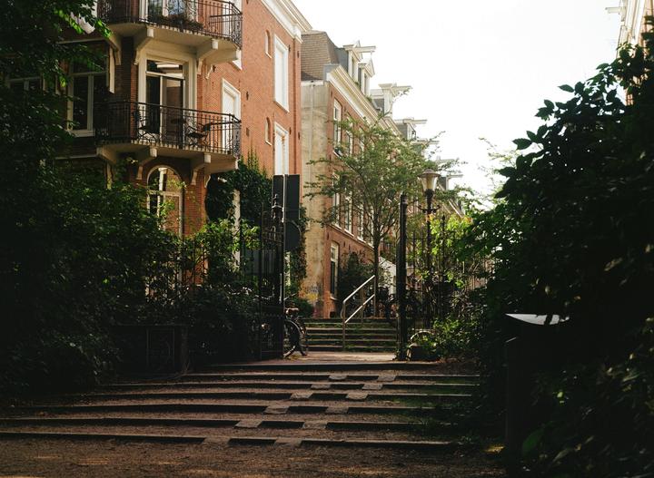 A path with steps leads through lush green foliage towards brick buildings with balconies and a street lamp.