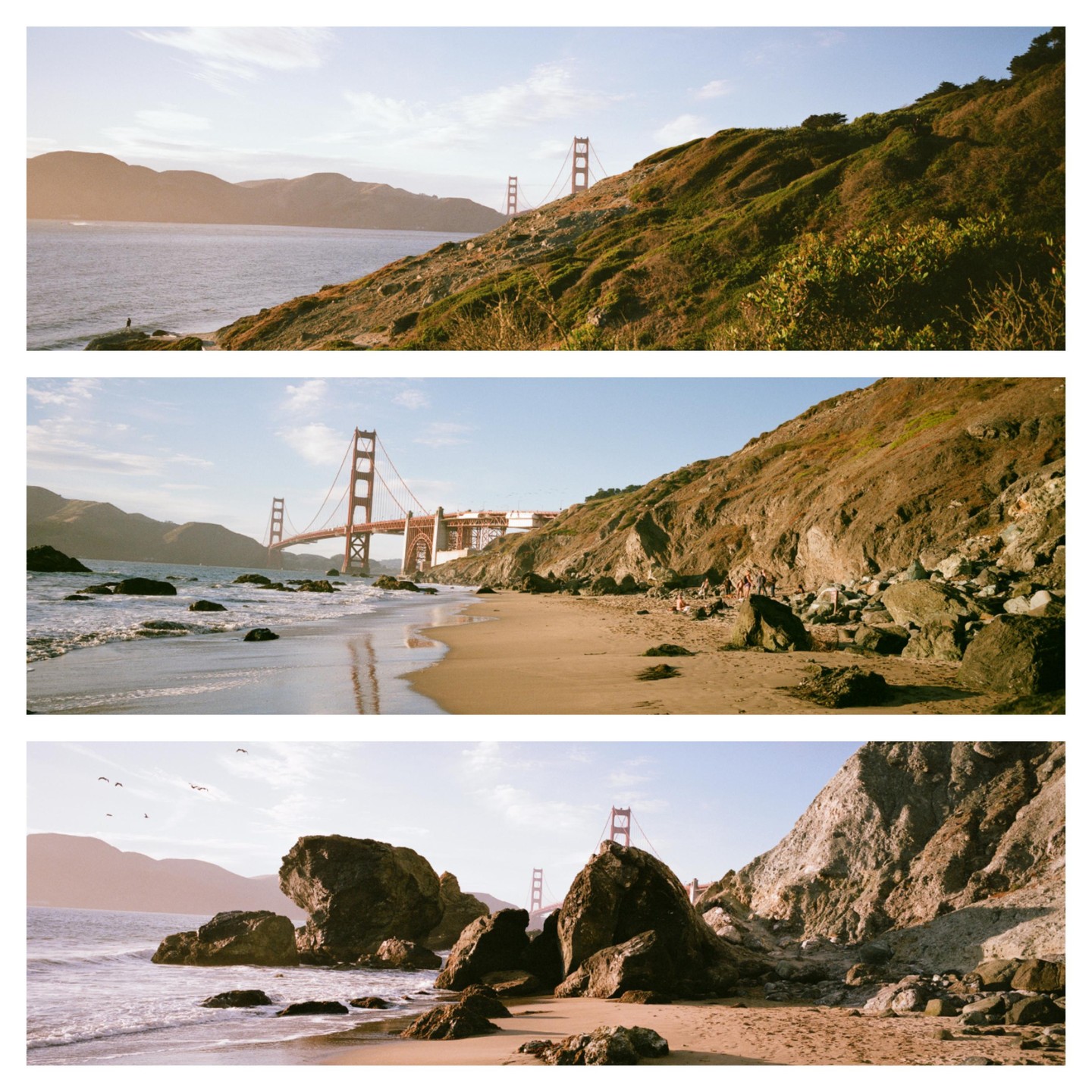 The Golden Gate Bridge is visible from a rocky beach with waves and a hillside.