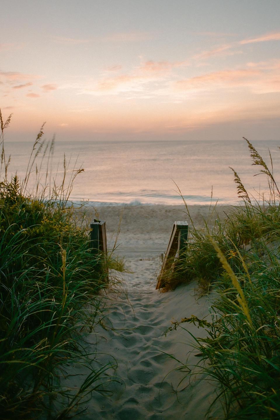 A sandy path leads through tall grass to a beach and the ocean under a pastel sky at dawn.