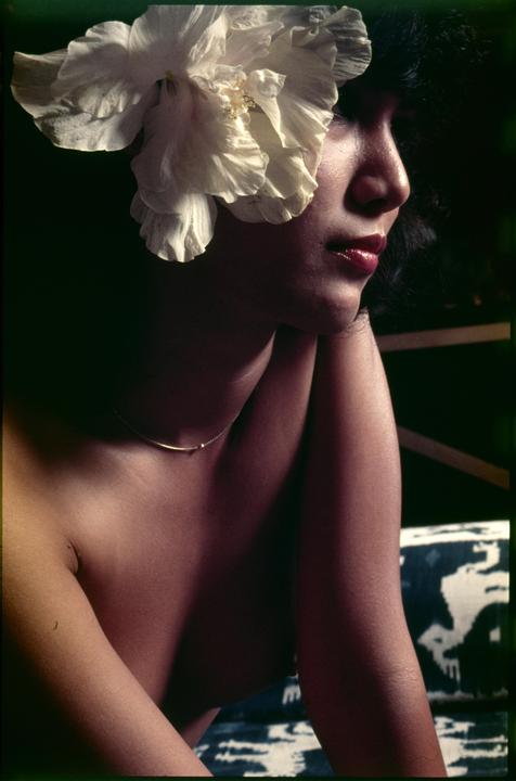 A woman with a large white flower in her hair looks to the right.