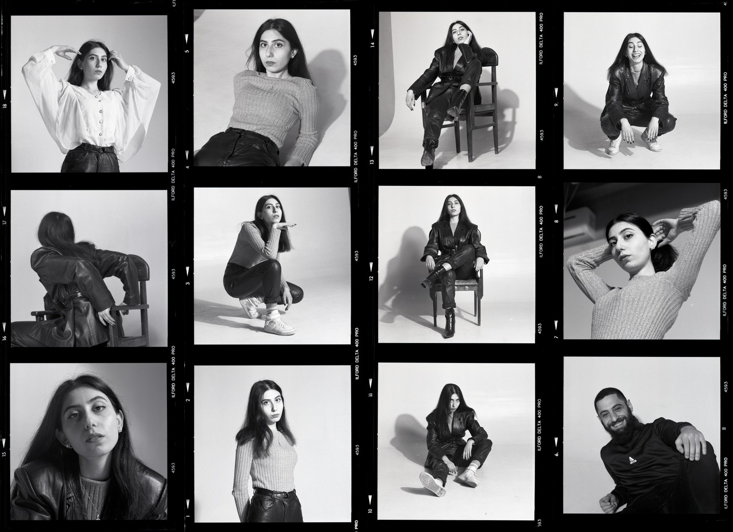 A contact sheet displays multiple black and white portraits of a woman and one portrait of a man.