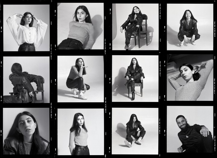 A contact sheet displays multiple black and white portraits of a woman and one portrait of a man.