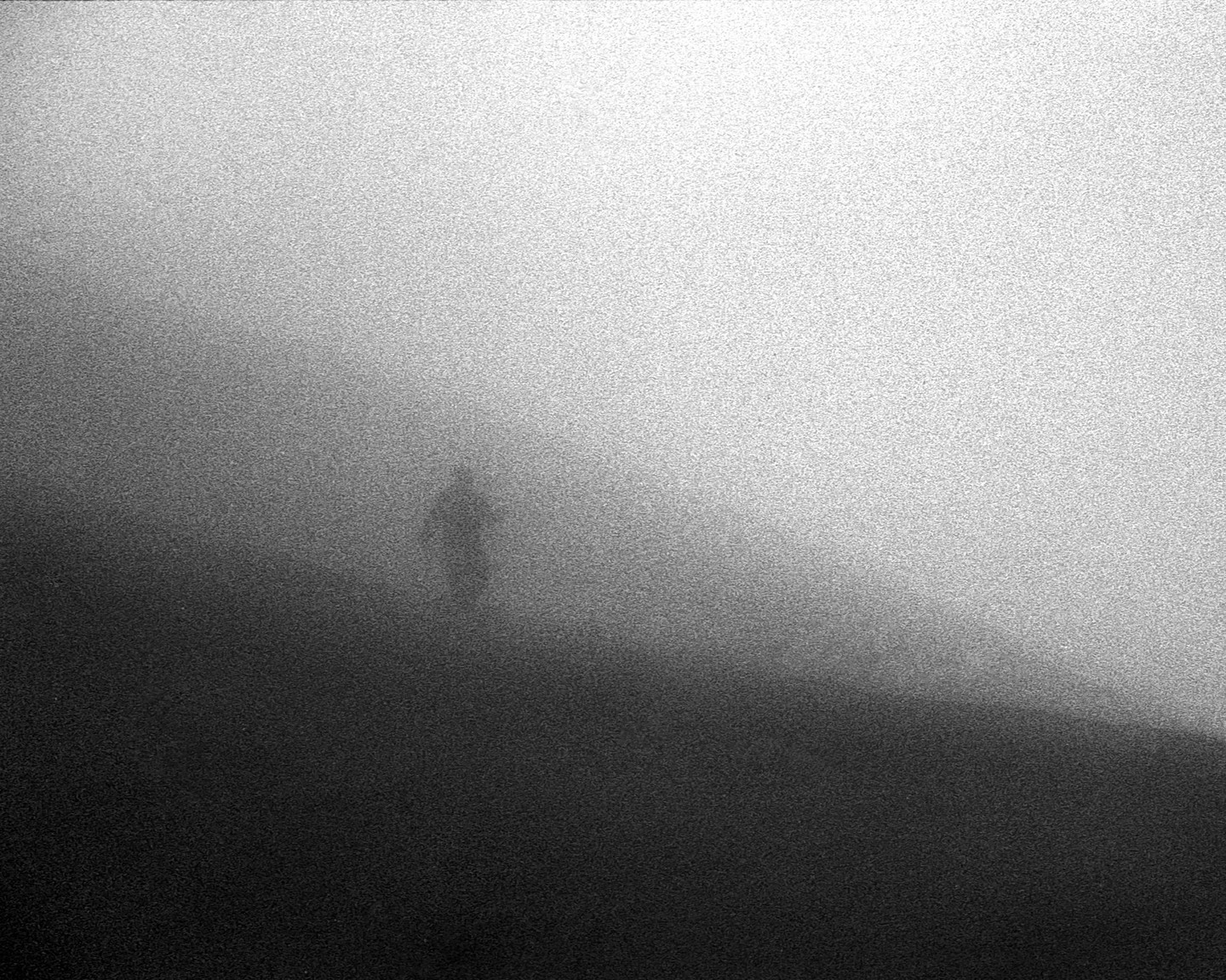 A lone figure is barely visible through thick fog in a black and white landscape.