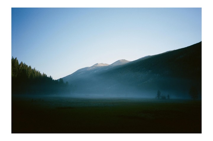 A hazy meadow sits in front of a mountain range with a forest on the left.