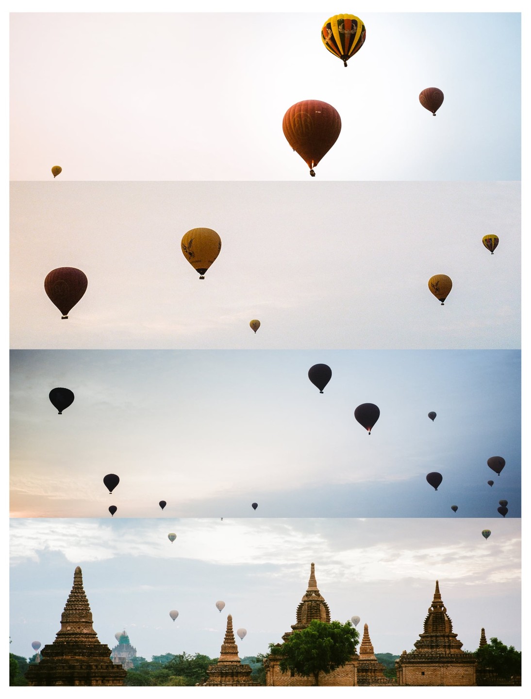 Hot air balloons float above ancient temples at dusk.