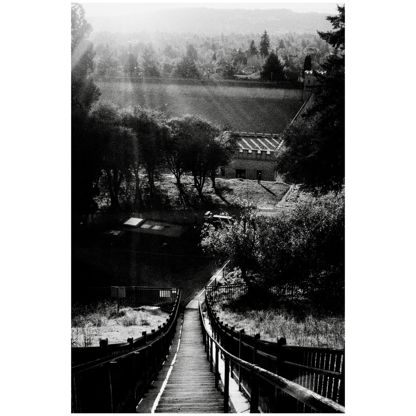 A long wooden staircase leads down to a building with a patterned roof, surrounded by trees and a distant city.