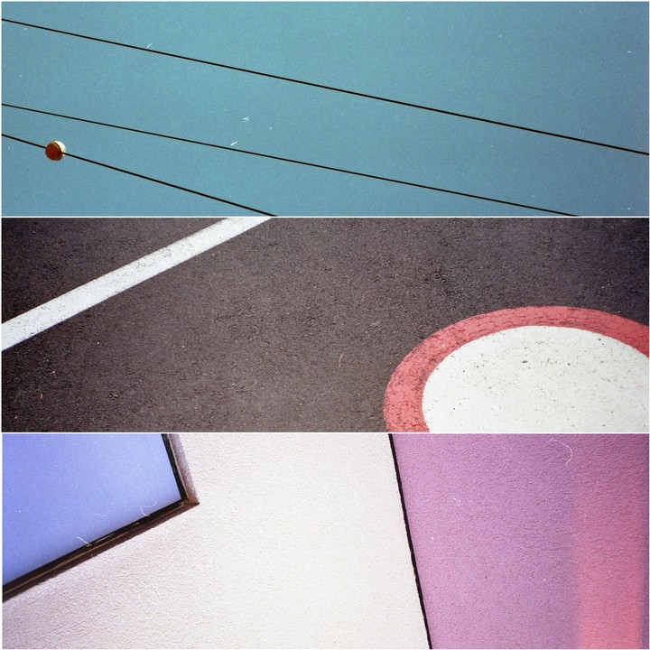 Three abstract compositions are arranged in a vertical triptych.