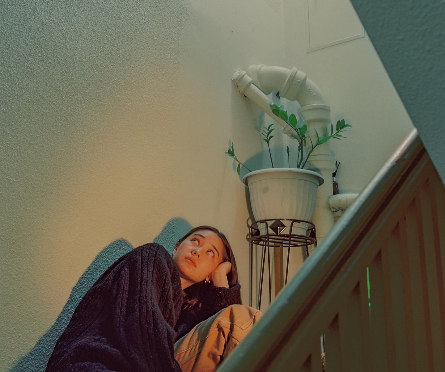A woman sits on a staircase next to a potted plant, looking up.