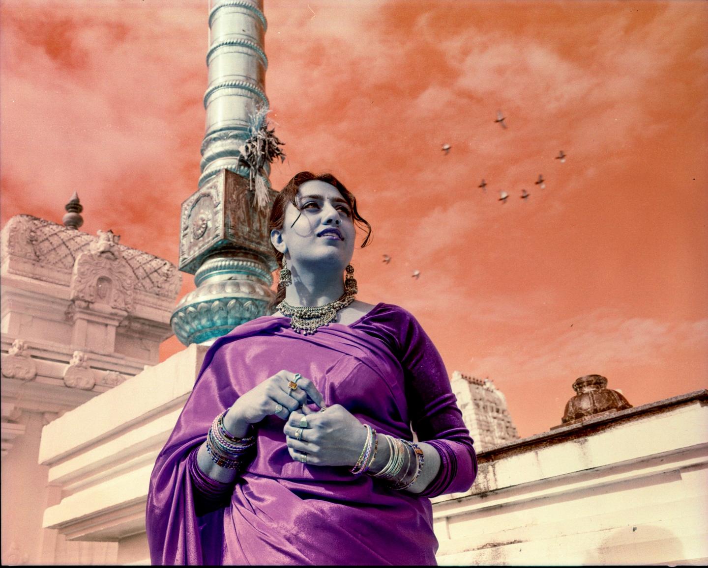 A woman in a purple sari stands in front of a temple with an orange sky and birds flying overhead.