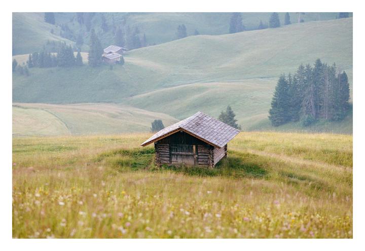 A small wooden cabin with a shingled roof sits in a grassy field with rolling hills and trees in the background.