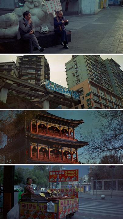 A collage of four images shows a man sitting next to a statue, a monorail passing by buildings, a traditional Chinese building, and a woman with a food cart.