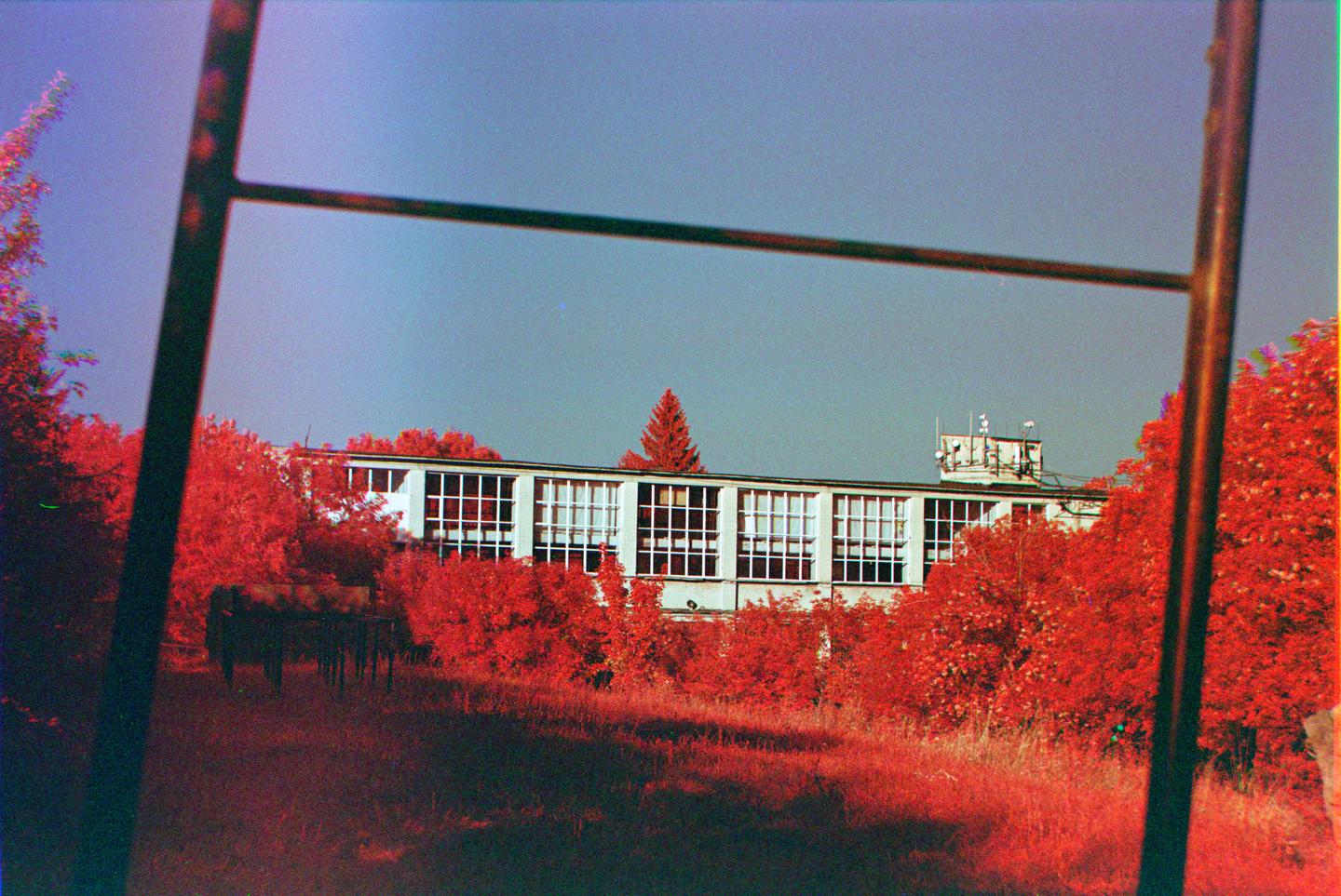 A building with many windows is surrounded by bright red foliage under a clear sky.