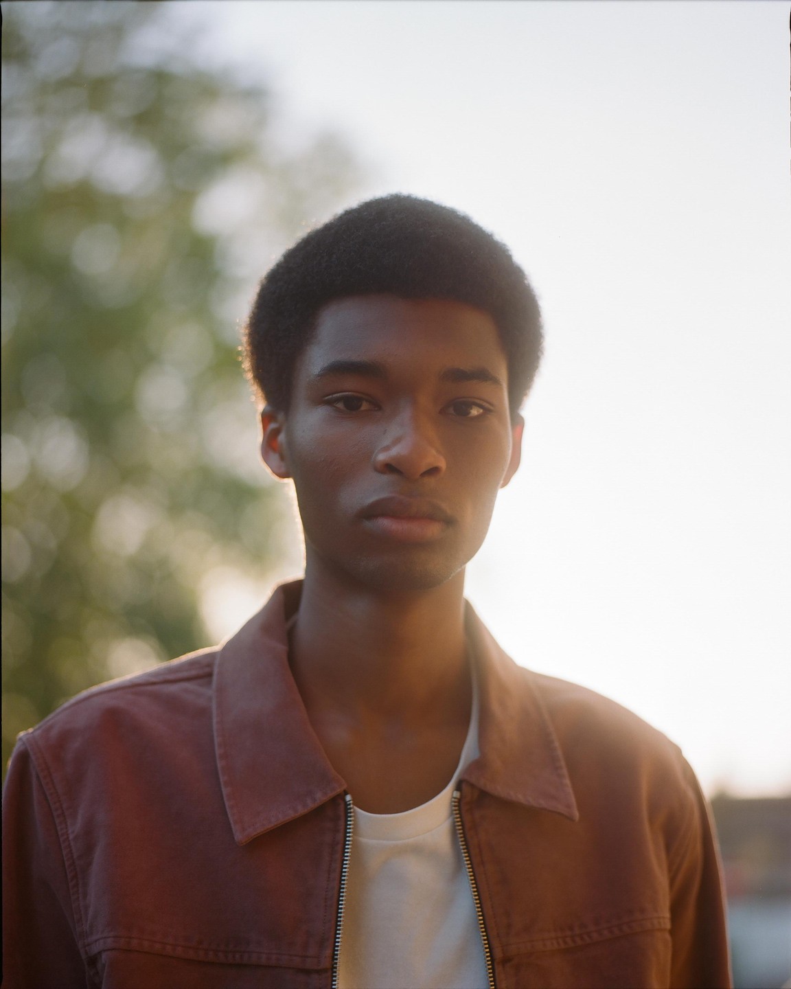 A young man with an afro looks directly at the viewer, backlit by the sun.