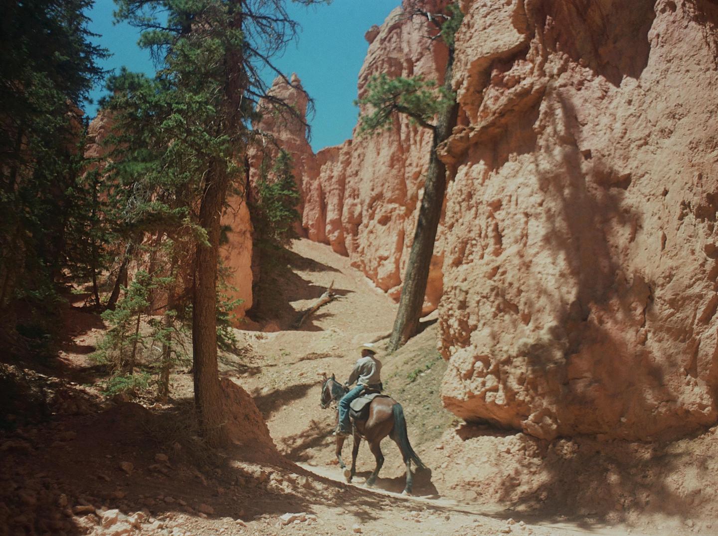 A man on horseback rides through a canyon with tall rock formations and scattered trees.
