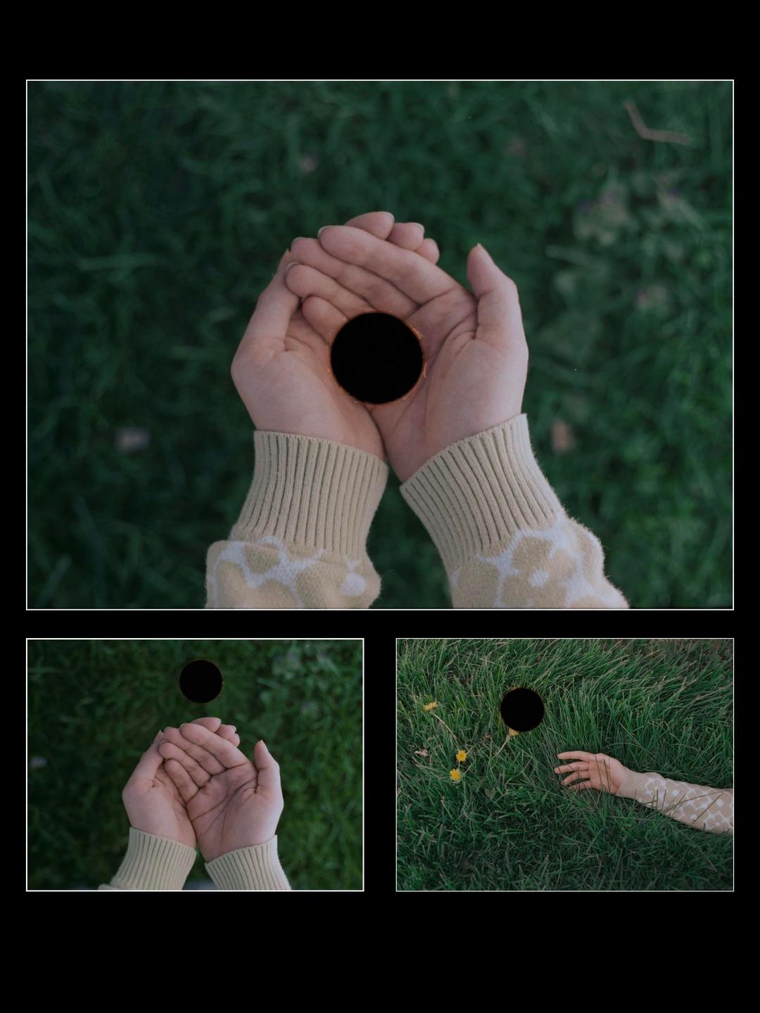A collage shows hands holding a black circle, and a black circle in grass next to an arm.