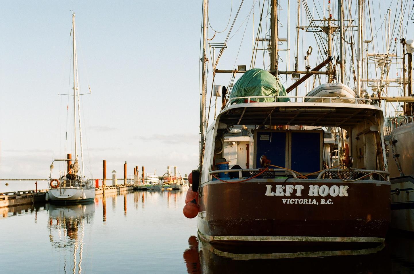 A fishing boat named "Left Hook" is docked in a harbor next to a sailboat and other vessels.