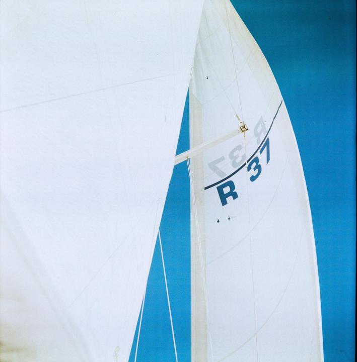 A white sailboat sail with blue numbers is visible against a bright blue sky.