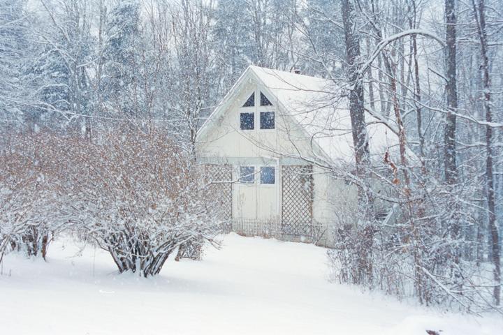 A small white house with a triangular roof is nestled among snow-covered trees and bushes during a snowfall.