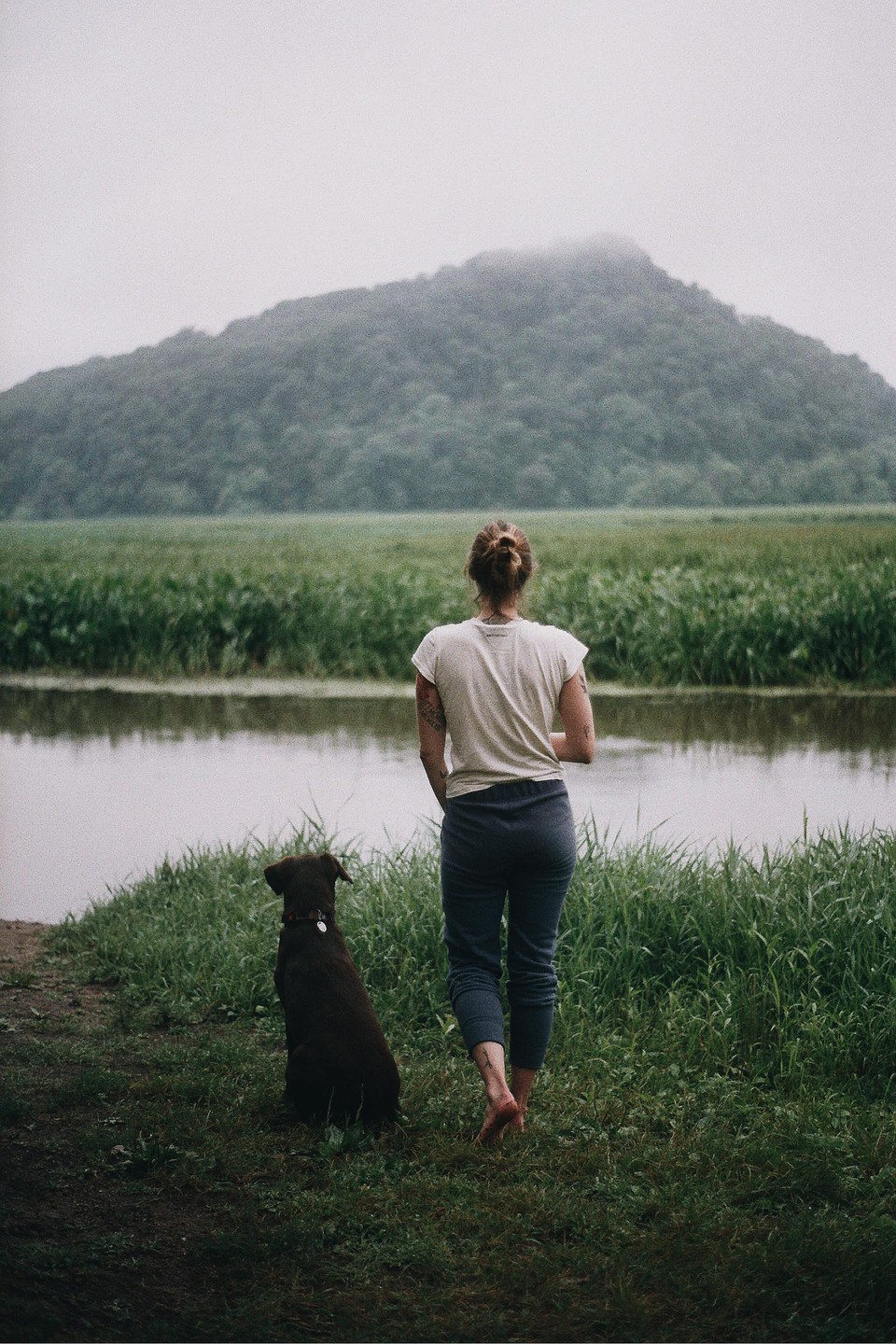 A woman and a dog stand by a body of water with a hazy mountain in the background.