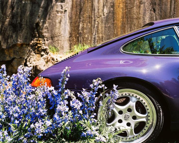 A purple car is parked next to a rock wall, partially obscured by blue flowers.