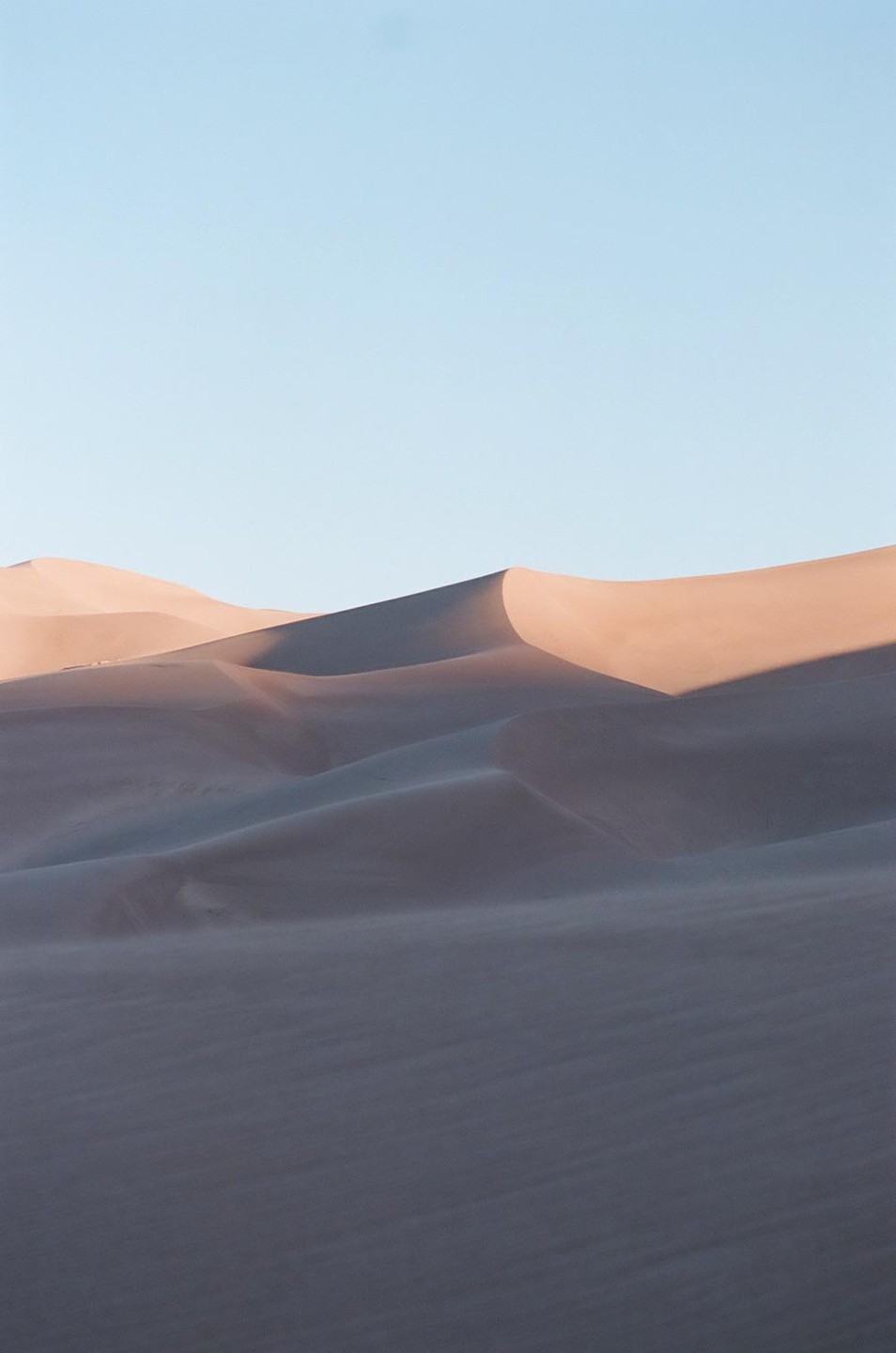 Sand dunes are illuminated by the sun, casting long shadows across the landscape under a clear sky.