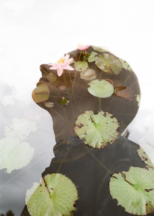 A double exposure shows the silhouette of a woman's head overlaid with a pond of water lilies.