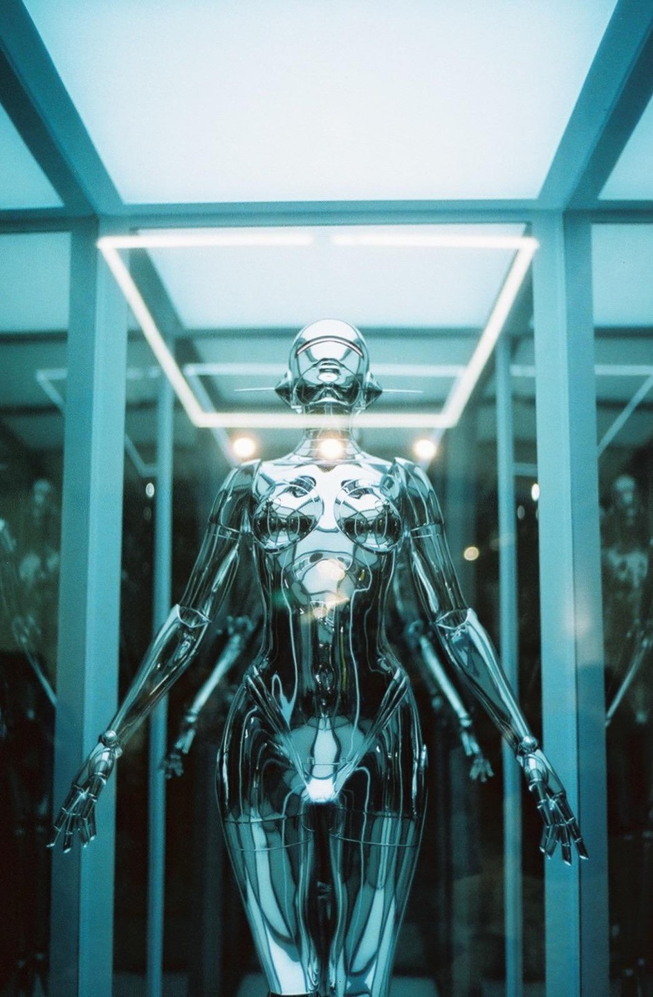 A chrome mannequin stands in a display case with neon lighting.