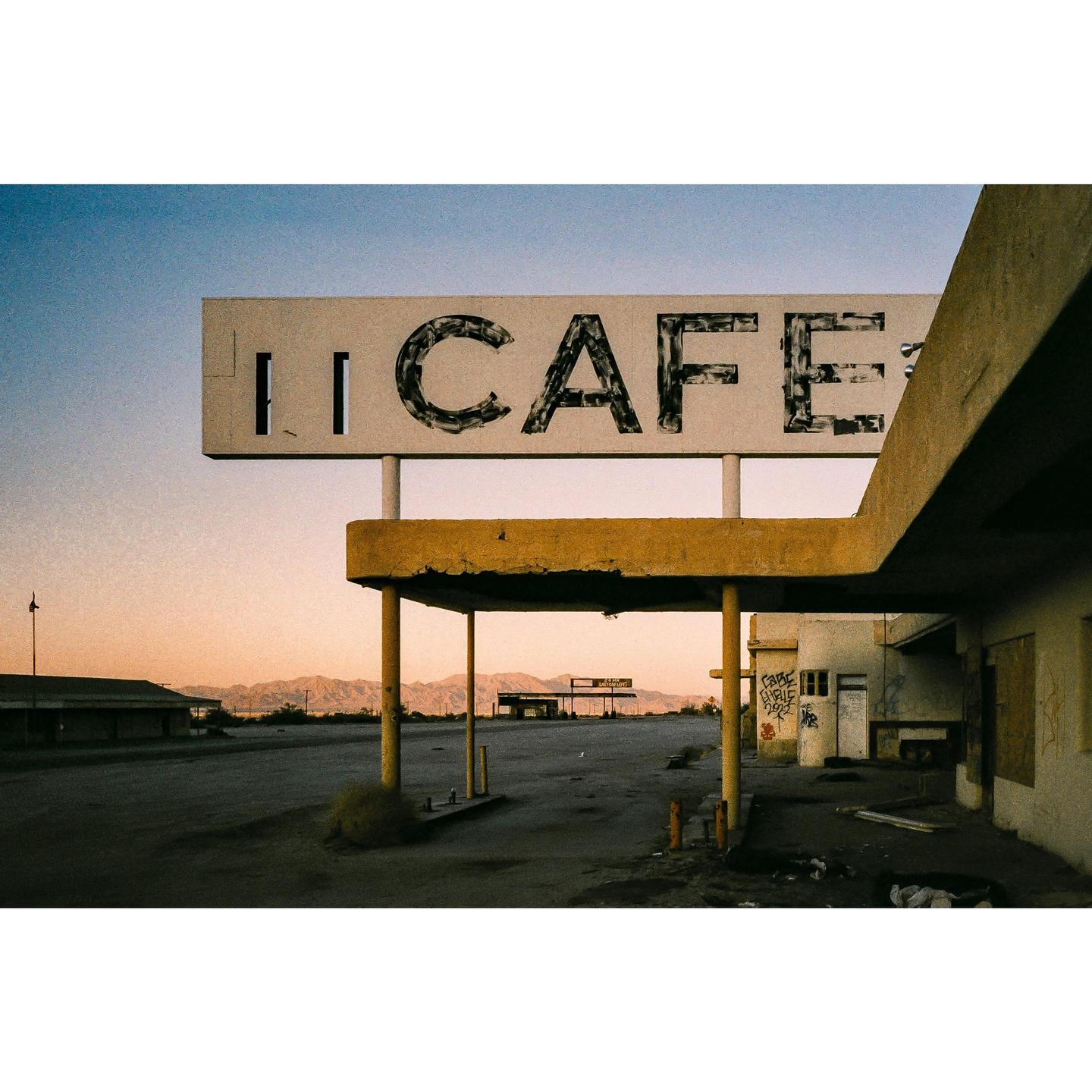 A cafe sign stands over an abandoned building with mountains in the distance at sunset.