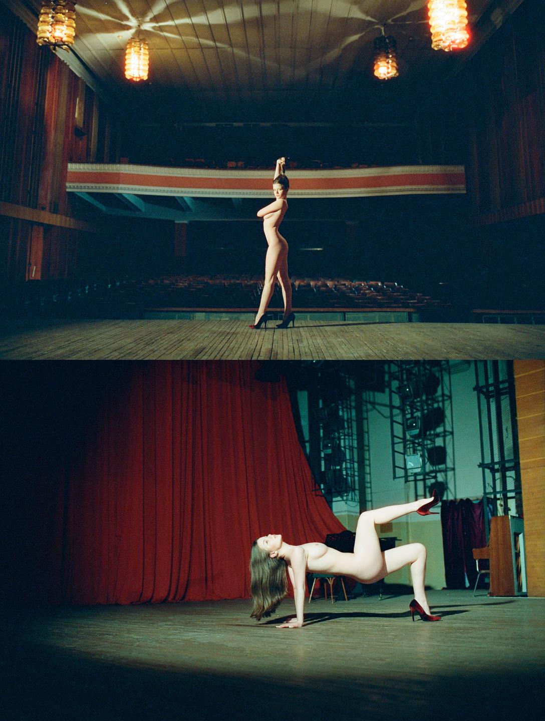 A nude woman poses on a stage in two different positions, with red curtains and empty seats visible in the background.